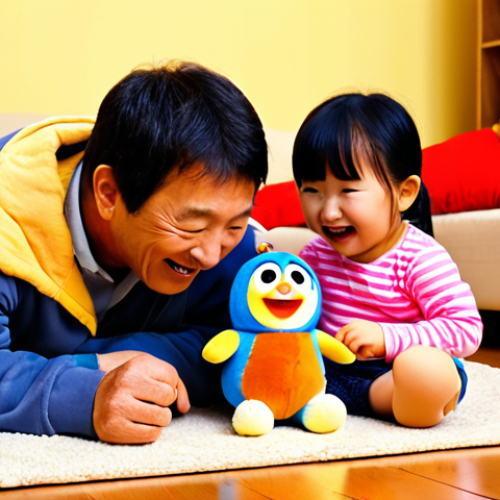 Home 11 A joyful family, including a mother, father, and two children (approximately 5-8 years old), playing together on a cozy living room floor with a collection of vibrant Pororo and friends plush and plastic figures. Warm, soft lighting creates a nostalgic and heartwarming atmosphere. The children are actively engaged in imaginative play, their faces lit up with happiness. Parents are smiling, watching with affection, perhaps gently interacting with the toys, showcasing intergenerational connection and shared joyful moments. The scene highlights real, screen-free playtime, bright colors, and a sense of family bonding. High detail, photorealistic, warm tones.