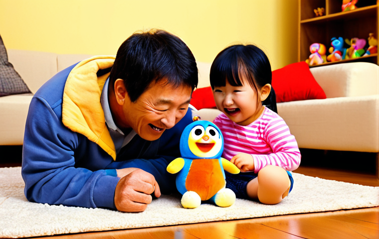 A joyful family, including a mother, father, and two children (approximately 5-8 years old), playing together on a cozy living room floor with a collection of vibrant Pororo and friends plush and plastic figures. Warm, soft lighting creates a nostalgic and heartwarming atmosphere. The children are actively engaged in imaginative play, their faces lit up with happiness. Parents are smiling, watching with affection, perhaps gently interacting with the toys, showcasing intergenerational connection and shared joyful moments. The scene highlights real, screen-free playtime, bright colors, and a sense of family bonding. High detail, photorealistic, warm tones.