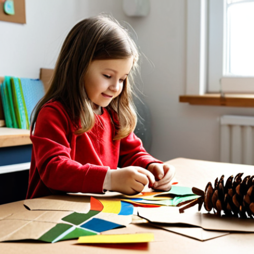 Home 6 A joyful child, around 7 years old, with an adult, both fully clothed in modest, comfortable attire, are intensely focused on a crafting project at a brightly lit wooden table in a cozy home studio. They are surrounded by an array of simple, eco-friendly materials: colorful paper scraps, cardboard cutouts, felt pieces, pinecones, and dried leaves. The child is holding a piece of cardboard, while the adult is guiding their hand. The scene emphasizes collaboration and shared creativity. safe for work, appropriate content, fully clothed, family-friendly, perfect anatomy, correct proportions, natural pose, well-formed hands, proper finger count, natural body proportions, professional photography, high quality.