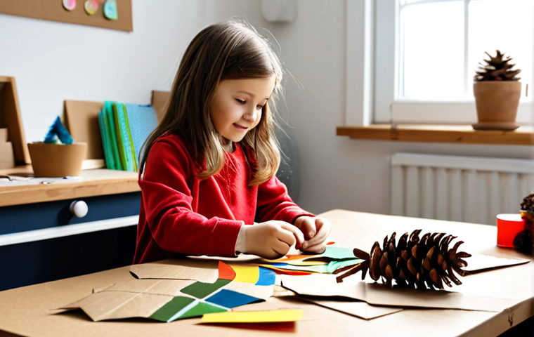 A joyful child, around 7 years old, with an adult, both fully clothed in modest, comfortable attire, are intensely focused on a crafting project at a brightly lit wooden table in a cozy home studio. They are surrounded by an array of simple, eco-friendly materials: colorful paper scraps, cardboard cutouts, felt pieces, pinecones, and dried leaves. The child is holding a piece of cardboard, while the adult is guiding their hand. The scene emphasizes collaboration and shared creativity. safe for work, appropriate content, fully clothed, family-friendly, perfect anatomy, correct proportions, natural pose, well-formed hands, proper finger count, natural body proportions, professional photography, high quality.