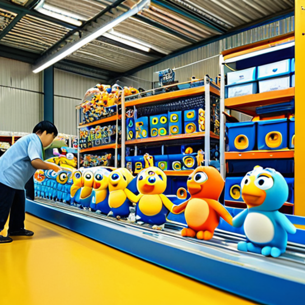 뽀로로 상품의 유통 경로 - Toy Factory Scene**

"A bustling toy factory floor, workers assembling 'Pororo' plush toys and plast...