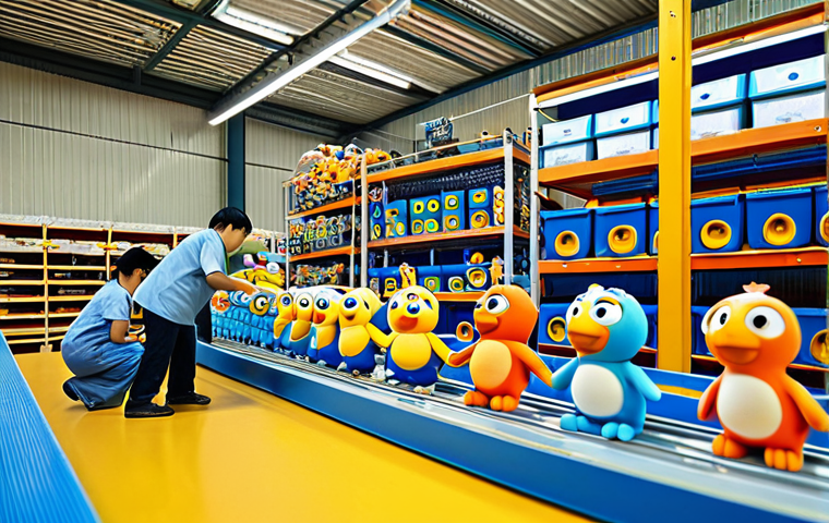 뽀로로 상품의 유통 경로 - Toy Factory Scene**
"A bustling toy factory floor, workers assembling 'Pororo' plush toys and plast...