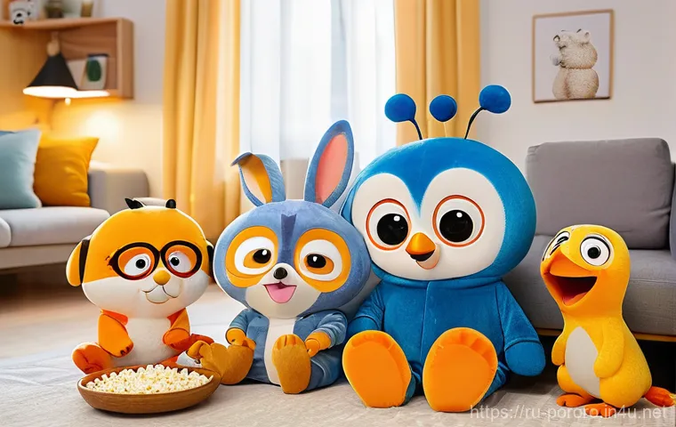 뽀로로 극장판 주요 장면 리뷰 - **Prompt:** A heartwarming scene of a multi-generational family (parents, two children, and one gran...