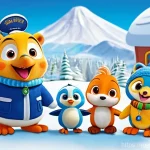 뽀로로의 팬덤 문화 분석 - A vibrant and heartwarming scene featuring Pororo the little penguin, Crong the dinosaur, Loopy the ...