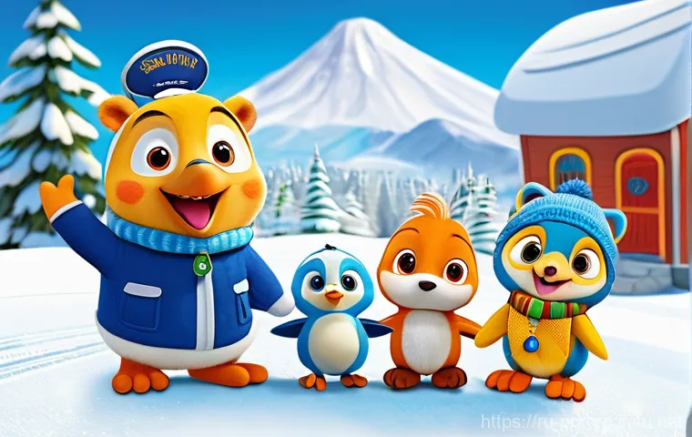 뽀로로의 팬덤 문화 분석 - A vibrant and heartwarming scene featuring Pororo the little penguin, Crong the dinosaur, Loopy the ...