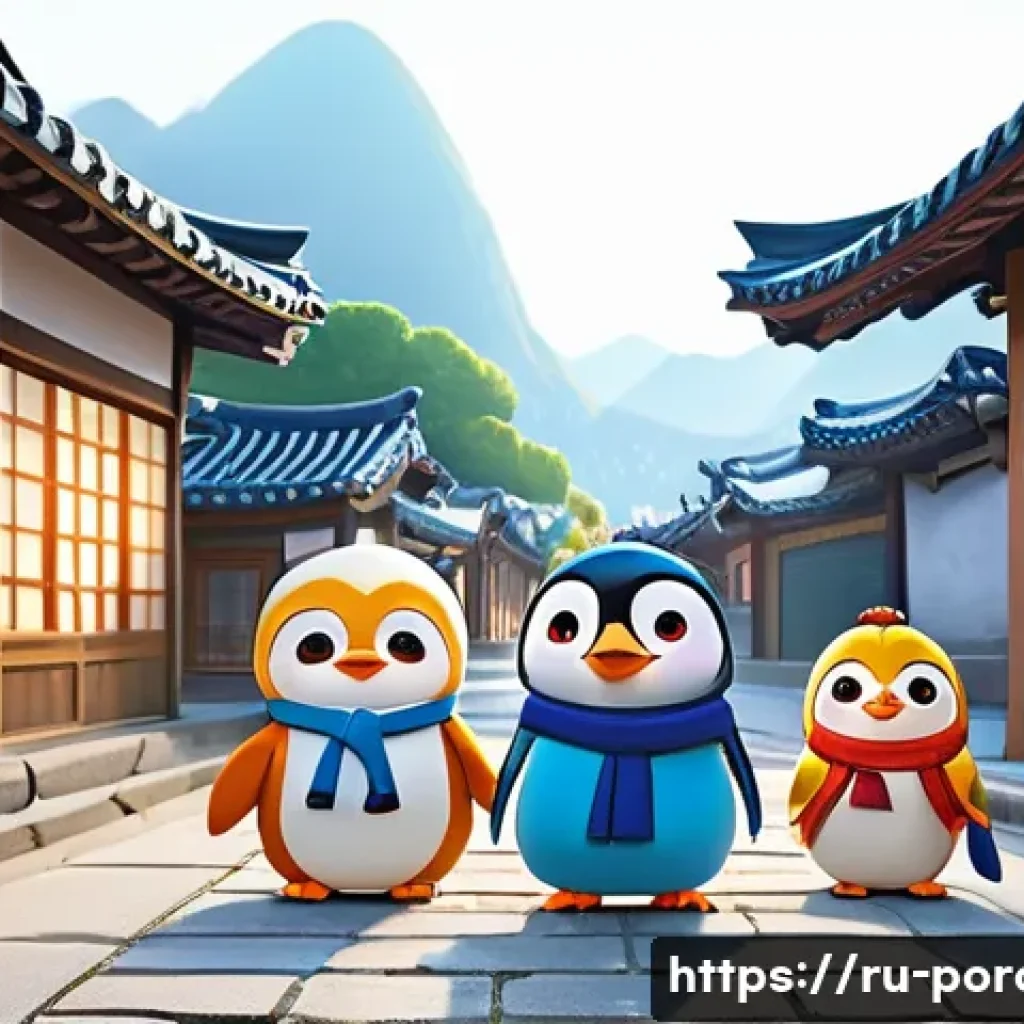 뽀로로와 한국 애니메이션 시장 - A vibrant, cheerful scene showcasing the evolution and global appeal of Korean animation. In the for...