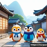 뽀로로와 한국 애니메이션 시장 - A vibrant, cheerful scene showcasing the evolution and global appeal of Korean animation. In the for...