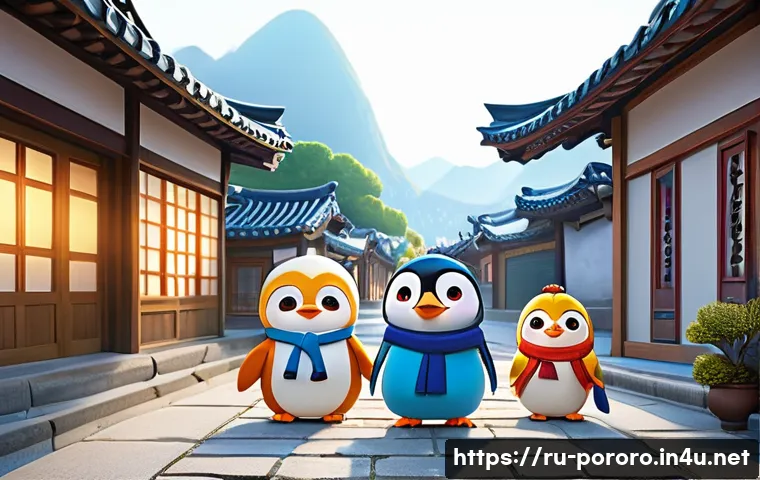 뽀로로와 한국 애니메이션 시장 - A vibrant, cheerful scene showcasing the evolution and global appeal of Korean animation. In the for...