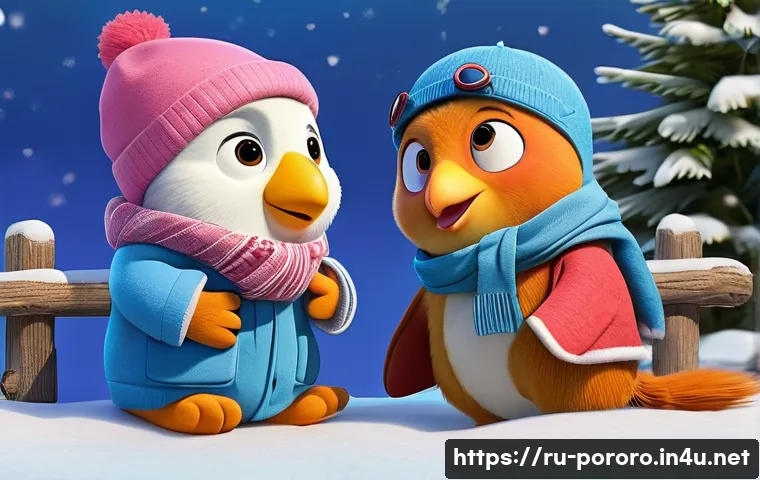 뽀로로의 유아 심리학적 접근 - **A heartwarming scene depicting emotional support and friendship in the snowy Pororo Village.** Por...