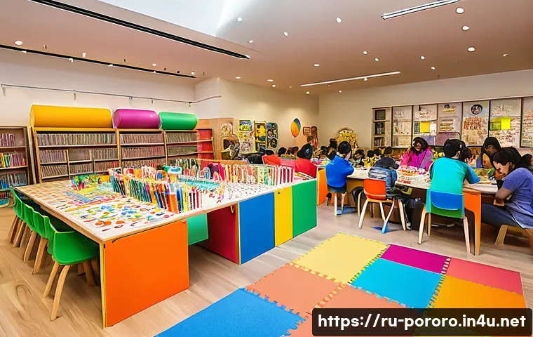 뽀로로 관련 이벤트 참여 후기 - A lively children’s event scene featuring diverse interactive play zones and craft workshops, filled...