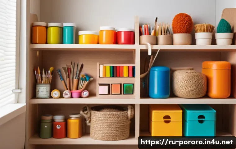 뽀로로를 모티브로 한 공예작품 - A cozy craft workspace featuring colorful felt fabrics, polymer clay sculptures of cartoon character...