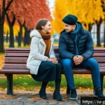 뽀로로와 크롱의 우정 이야기 - A warm and inviting scene of two close friends sitting together on a park bench in a vibrant Russian...