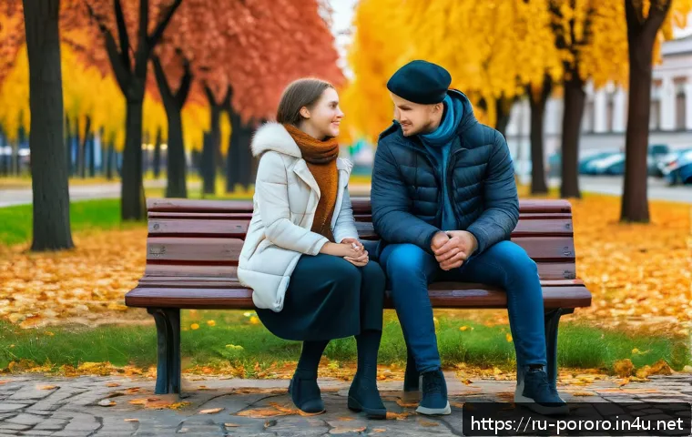 뽀로로와 크롱의 우정 이야기 - A warm and inviting scene of two close friends sitting together on a park bench in a vibrant Russian...