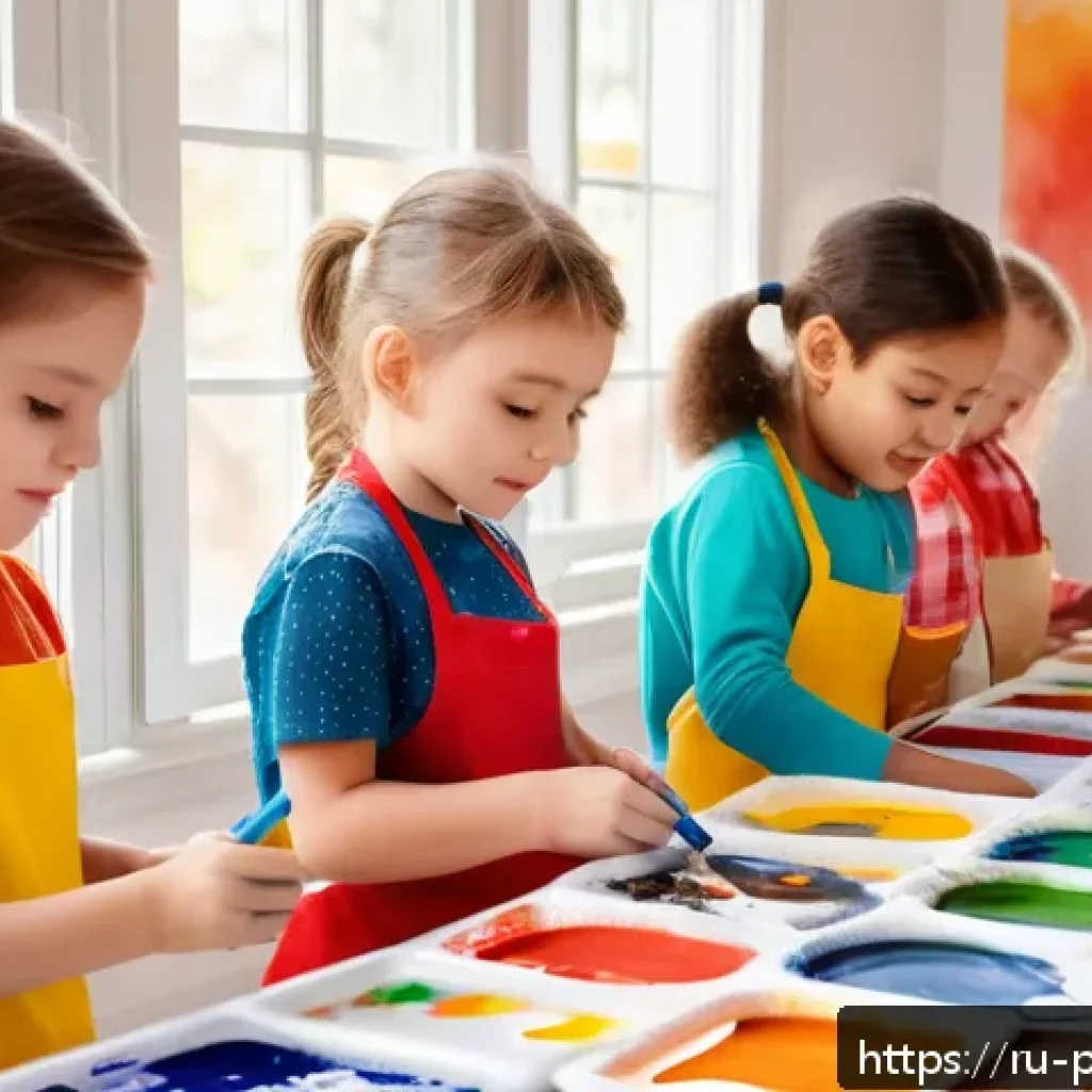 뽀로로 관련 공모전 수상작 - A bright and cheerful children's art studio scene featuring young kids aged 5-7 engaged in watercolo...