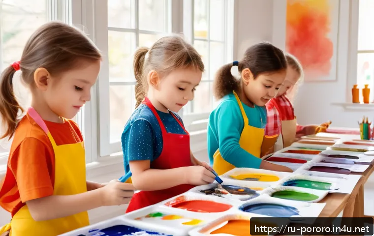 뽀로로 관련 공모전 수상작 - A bright and cheerful children's art studio scene featuring young kids aged 5-7 engaged in watercolo...