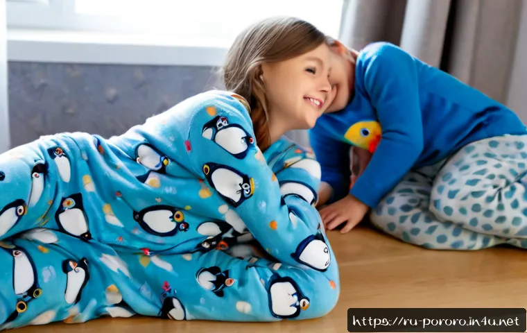 Home 17 뽀로로 파자마 세트 리뷰 - Photorealistic product review scene of a neatly folded children’s pajama set with cheerful unbranded...